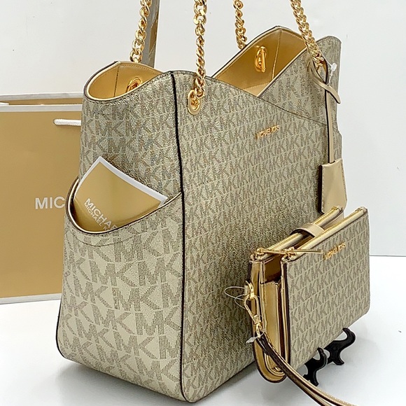 MICHAEL KORS LG  X CHAIN SHOULDER TOTE & Lg Double Zip Wallet PALE GOLD … - Picture 4 of 16
